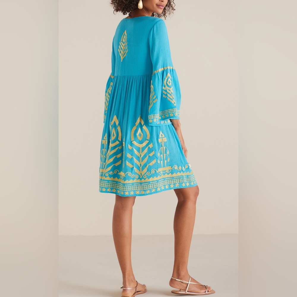 🔵”NWT” SOFT SURROUNDINGS TURQUOISE & GOLD EYE TURNING DRESS